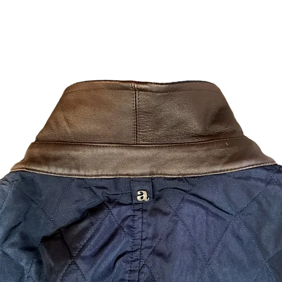 ALEGRI Quilted Italian Puffer Utility Jacket Coat Navy W/ Leather Collar 46/XL