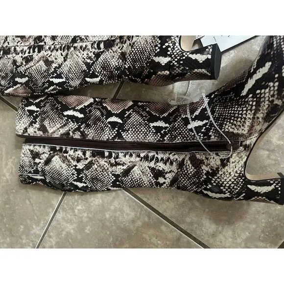 Alex Marie Leather Brown Snake Animal Print Zip Up Calf Pump Knee Boots Size 6.5