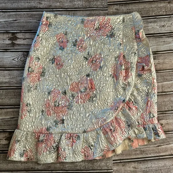 Alexa Chung Silver Metallic Roses Brocade Ruffled Lurex Lined Zip Mini Skirt 8
