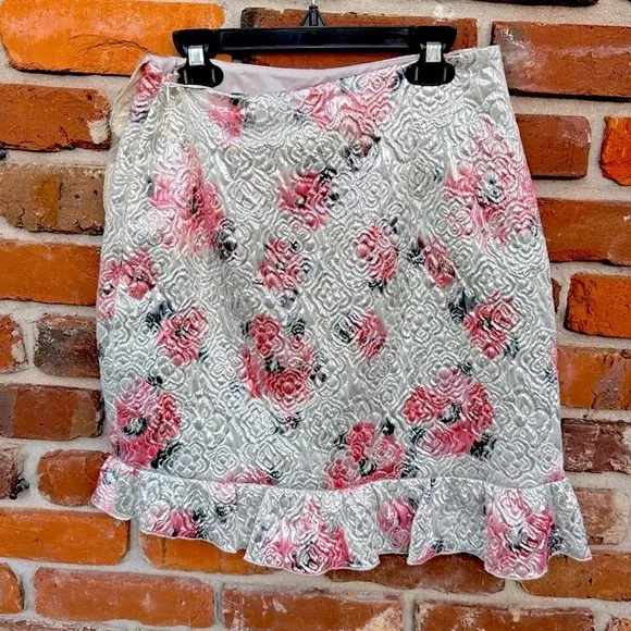 Alexa Chung Silver Metallic Roses Brocade Ruffled Lurex Lined Zip Mini Skirt 8