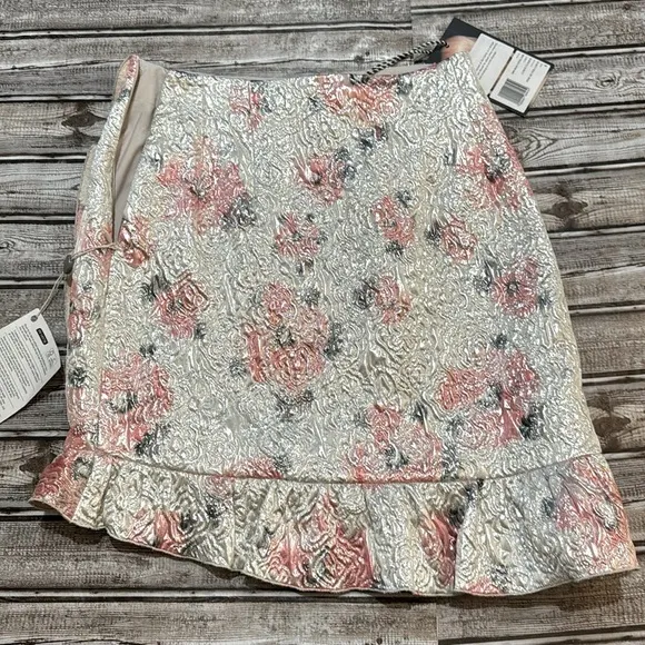 Alexa Chung Silver Metallic Roses Brocade Ruffled Lurex Lined Zip Mini Skirt 8