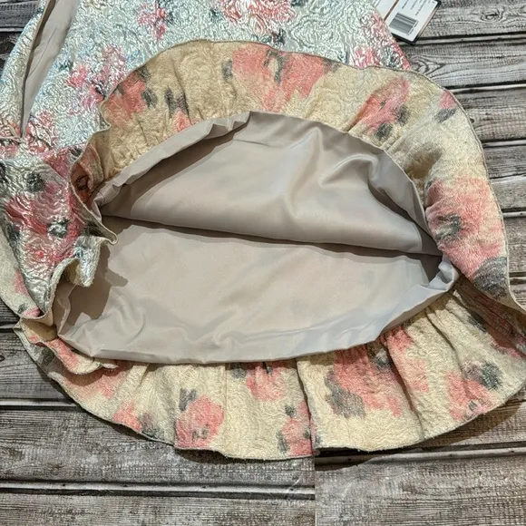 Alexa Chung Silver Metallic Roses Brocade Ruffled Lurex Lined Zip Mini Skirt 8