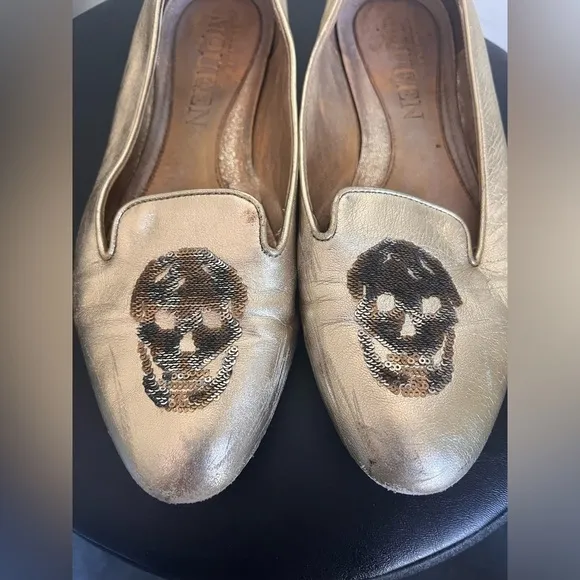 Alexander McQueen Metallic Skull Flat Loafers Size 36