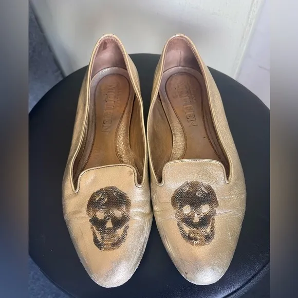 Alexander McQueen Metallic Skull Flat Loafers Size 36