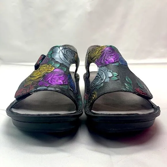 Algeria Viki Black Icy Blooms Metallic Floral Velcro Sandals Size 5-5.5