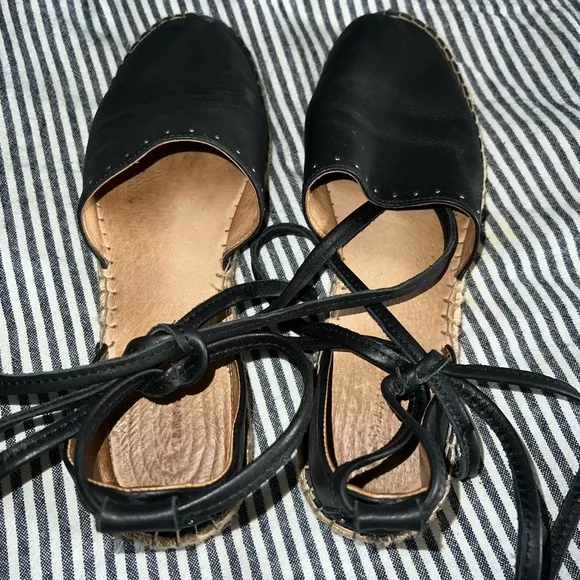 All Saints Black Leather Ankle Tie Up Espadrilles Shoes size 40 Authentic