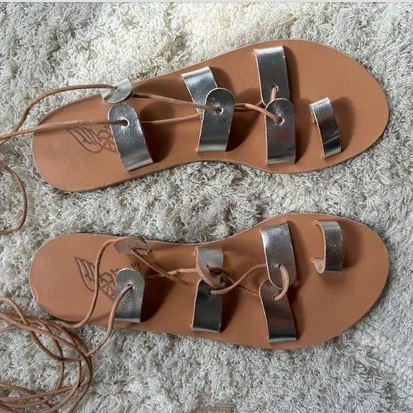 ANCIENT GREEK &quot;Alcyde&quot; Silver Leather Gladiator Sandals w/ Toe-Loop NWOT/sz 37