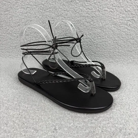Ancient Greek Sandals Women 9 EU 39 Shoe Black Plage Lace Up Thong Braided Flats