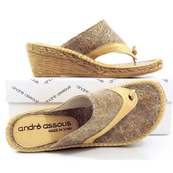 Andre Assous Annette Wedge Espadrille Thong Slide Sandal Toast Bronze