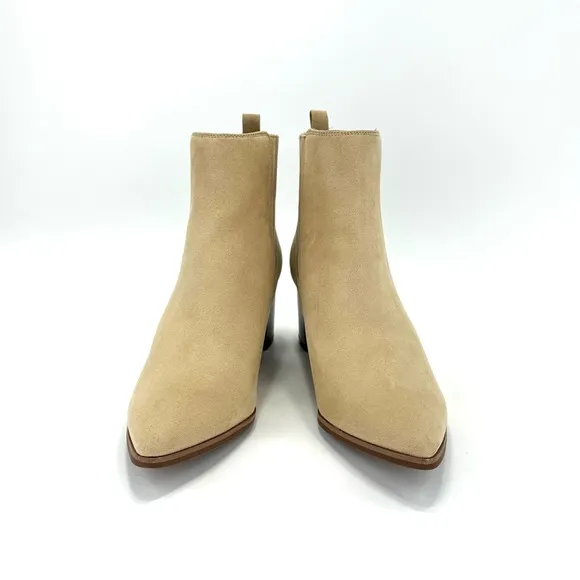 ANN TAYLOR BEIGE/TAN POINTED TOE STACKED BLOCK HEEL PULL-ON CHELSEA ANKLE BOOTS🆕