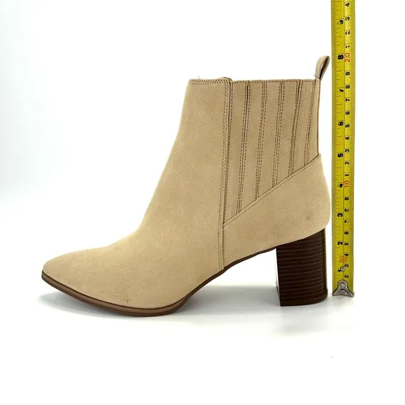 ANN TAYLOR BEIGE/TAN POINTED TOE STACKED BLOCK HEEL PULL-ON CHELSEA ANKLE BOOTS🆕