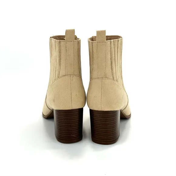 ANN TAYLOR BEIGE/TAN POINTED TOE STACKED BLOCK HEEL PULL-ON CHELSEA ANKLE BOOTS🆕