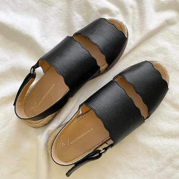 Anthropologie Black Leather Double Strap Sandals