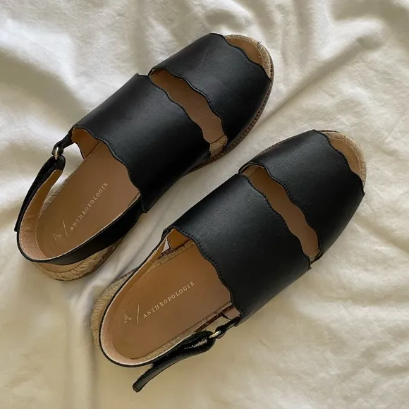 Anthropologie Black Leather Double Strap Sandals