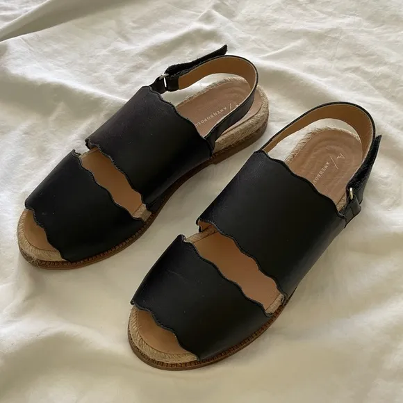 Anthropologie Black Leather Double Strap Sandals