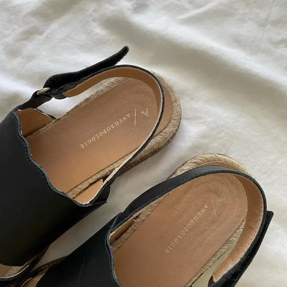 Anthropologie Black Leather Double Strap Sandals