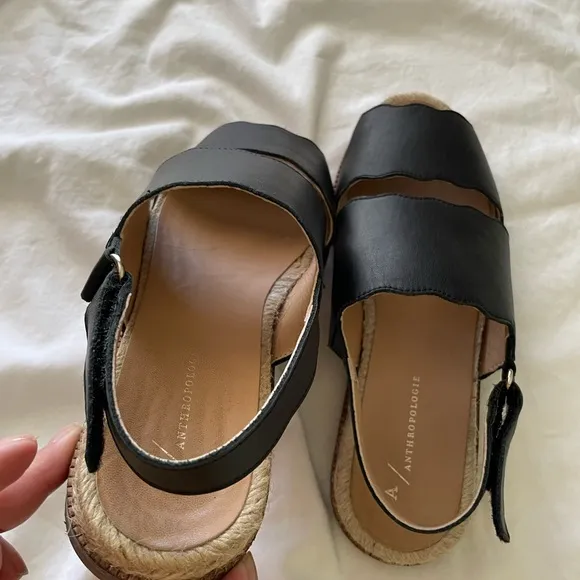 Anthropologie Black Leather Double Strap Sandals