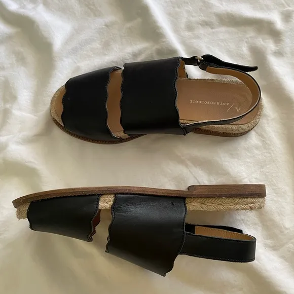 Anthropologie Black Leather Double Strap Sandals