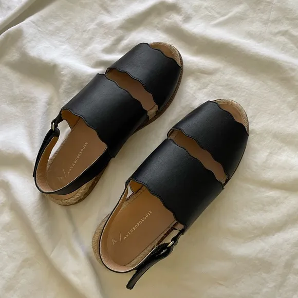 Anthropologie Black Leather Double Strap Sandals