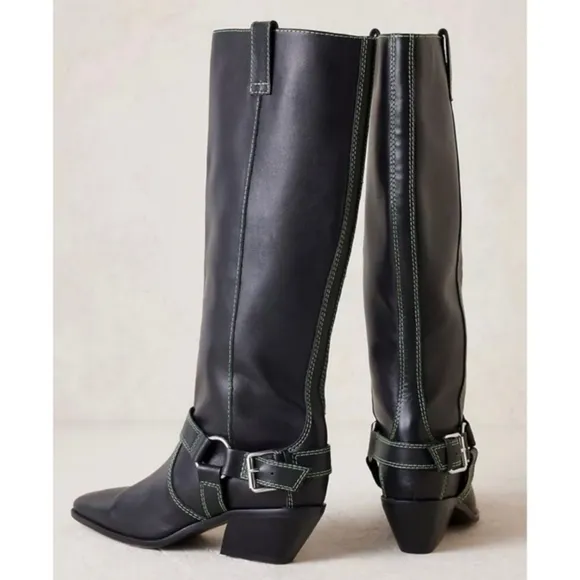 Anthropologie CAVERLEY MILLY Black Leather Green Stitching Buckle Boots Size 40