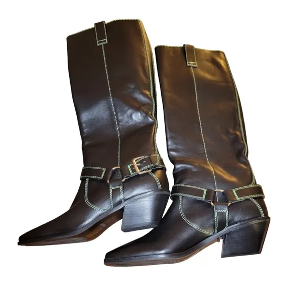 Anthropologie CAVERLEY MILLY Black Leather Green Stitching Buckle Boots Size 40