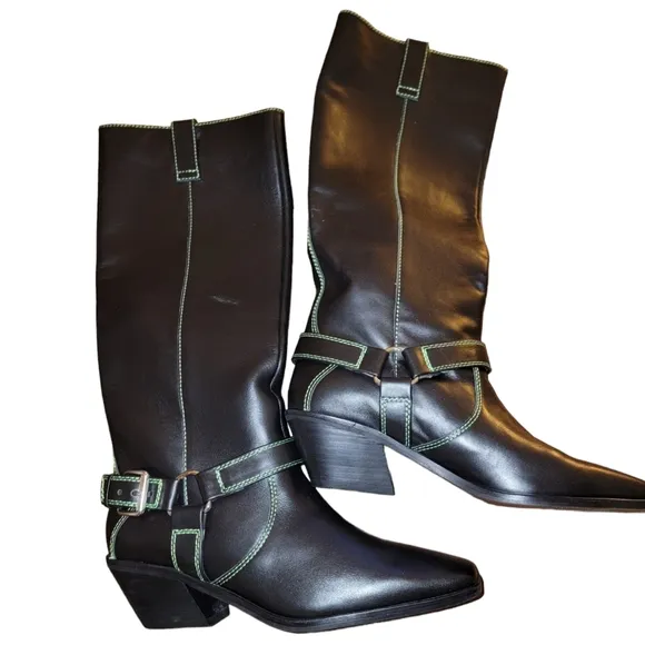 Anthropologie CAVERLEY MILLY Black Leather Green Stitching Buckle Boots Size 40