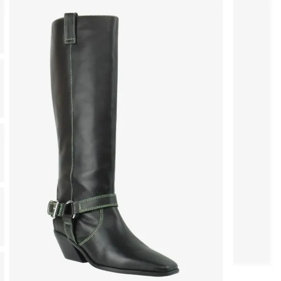 Anthropologie CAVERLEY MILLY Black Leather Green Stitching Buckle Boots Size 40