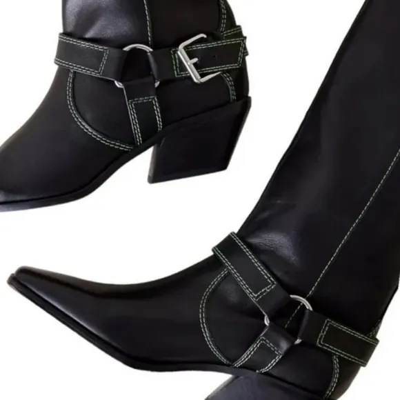 Anthropologie CAVERLEY MILLY Black Leather Green Stitching Buckle Boots Size 40