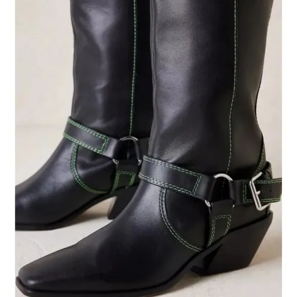 Anthropologie CAVERLEY MILLY Black Leather Green Stitching Buckle Boots Size 40