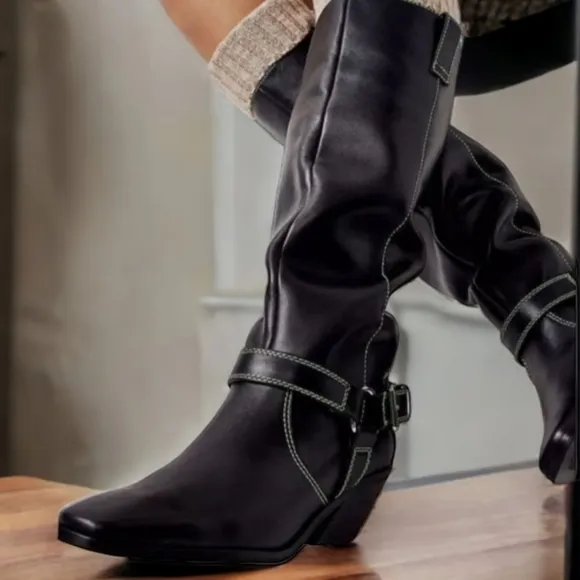 Anthropologie CAVERLEY MILLY Black Leather Green Stitching Buckle Boots Size 40
