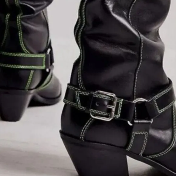 Anthropologie CAVERLEY MILLY Black Leather Green Stitching Buckle Boots Size 40