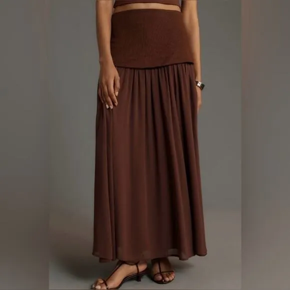 Anthropologie Dropped Yoke-Waist Maxi-Skirt Voile Overlay Cocoa Size Small
