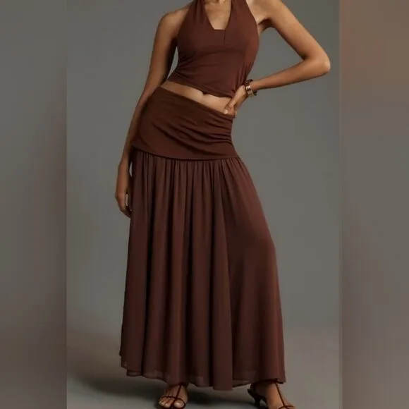 Anthropologie Dropped Yoke-Waist Maxi-Skirt Voile Overlay Cocoa Size Small