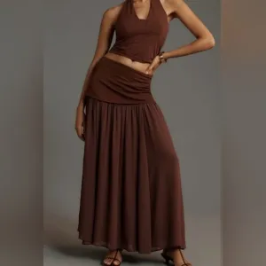 Anthropologie Dropped Yoke-Waist Maxi-Skirt Voile Overlay Cocoa Size Small