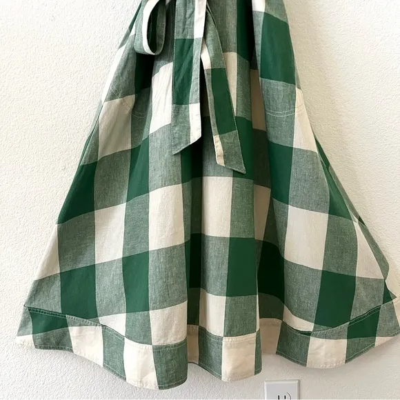 Anthropologie Maeve Greta Gingham Check  Linen  Halter Midi Dress Pockets SZ 6