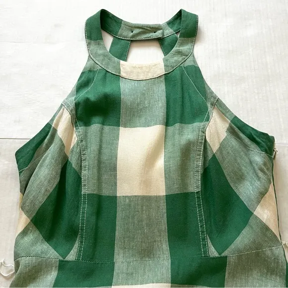Anthropologie Maeve Greta Gingham Check  Linen  Halter Midi Dress Pockets SZ 6