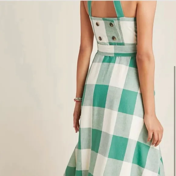 Anthropologie Maeve Greta Gingham Check  Linen  Halter Midi Dress Pockets SZ 6