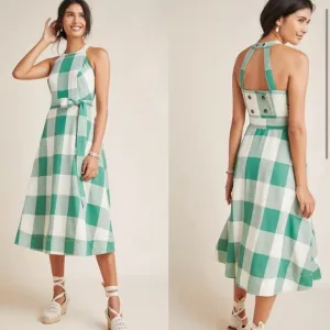 Anthropologie Maeve Greta Gingham Check  Linen  Halter Midi Dress Pockets SZ 6