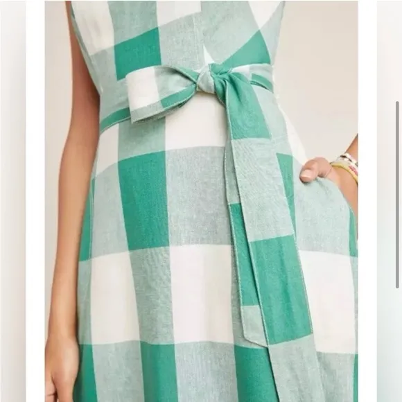 Anthropologie Maeve Greta Gingham Check  Linen  Halter Midi Dress Pockets SZ 6