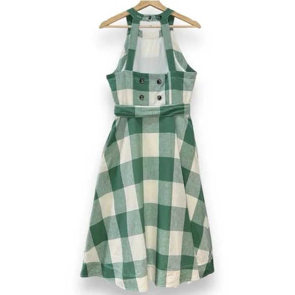 Anthropologie Maeve Greta Gingham Check  Linen  Halter Midi Dress Pockets SZ 6