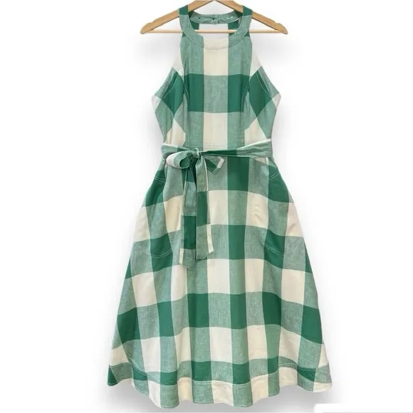 Anthropologie Maeve Greta Gingham Check  Linen  Halter Midi Dress Pockets SZ 6