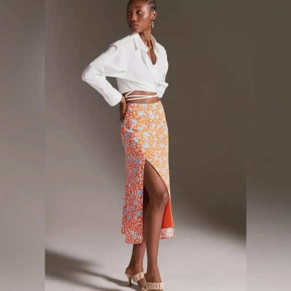 Anthropologie Maeve Lille Side Slit Orange Floral Midi Skirt Size 12