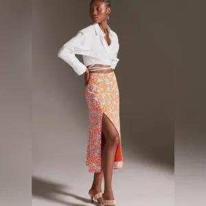 Anthropologie Maeve Lille Side Slit Orange Floral Midi Skirt Size 12