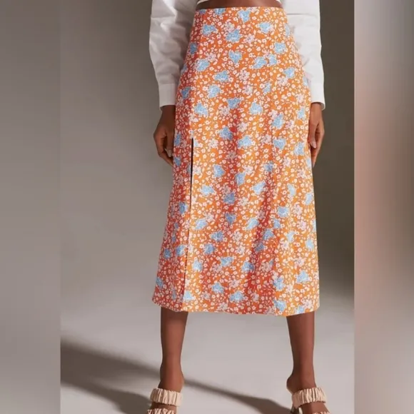 Anthropologie Maeve Lille Side Slit Orange Floral Midi Skirt Size 12