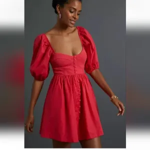 Anthropologie Maeve Sweetheart Dress Red Puffed Slvs Smocked Button Close XS NWT