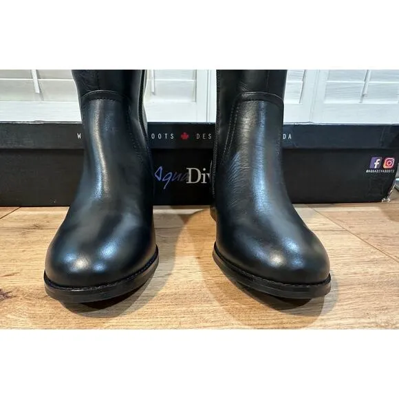 Aqua Diva Montreal Black Tall Boots Leather Size 6.5 Waterproof Back Side Zipper