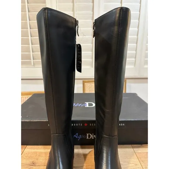Aqua Diva Montreal Black Tall Boots Leather Size 6.5 Waterproof Back Side Zipper