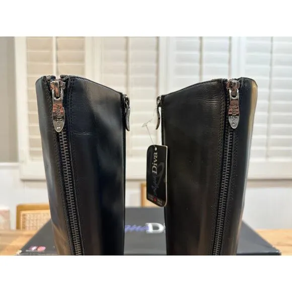 Aqua Diva Montreal Black Tall Boots Leather Size 6.5 Waterproof Back Side Zipper