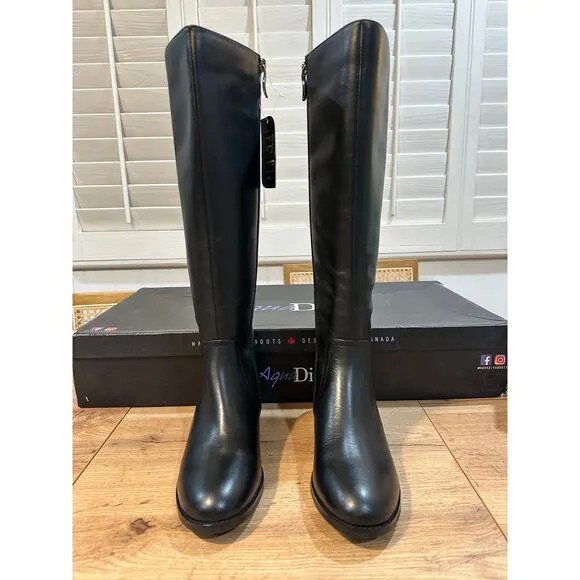 Aqua Diva Montreal Black Tall Boots Leather Size 6.5 Waterproof Back Side Zipper