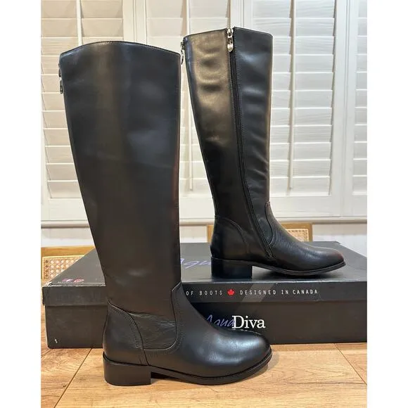 Aqua Diva Montreal Black Tall Boots Leather Size 6.5 Waterproof Back Side Zipper
